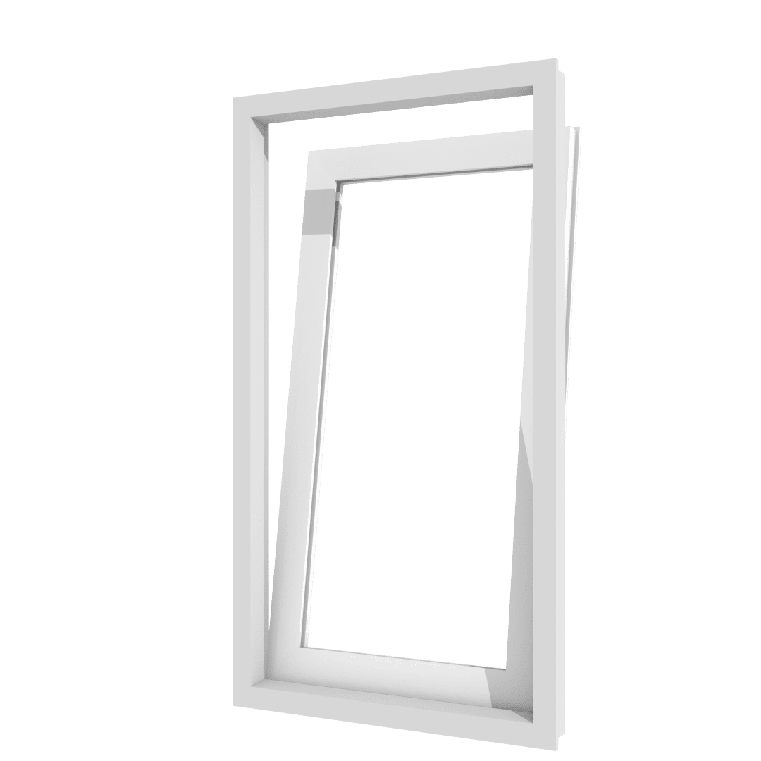 Kunststofffenster weiß aus Kunststoff in Kippstellung, schlanker Rahmen vor schwarzem Hintergrund