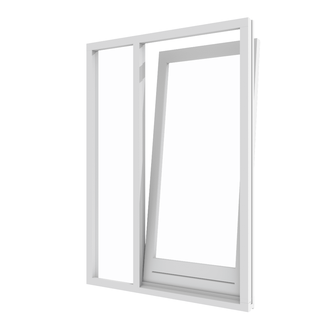 Kunststofffenster weiß, Kunststoffrahmen mit seitlichem Festteil und gekipptem Flügel, klar verglast