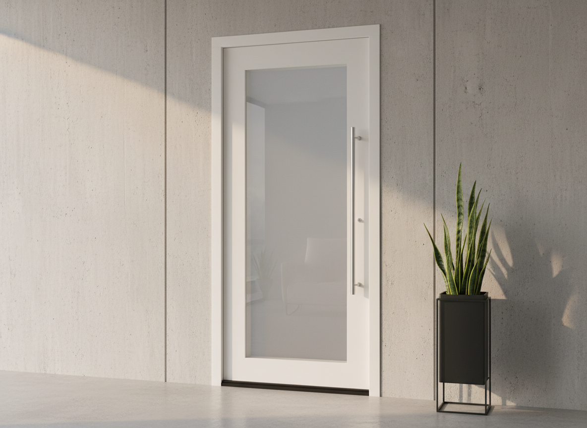 Haustür weiß aus Kunststoff mit großem Glaseinsatz und langem Edelstahlgriff im modernen Eingangsbereich