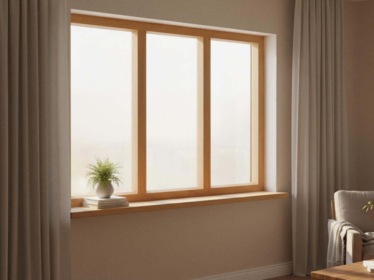 Holzfenster naturholz hellbraun aus Holz, dreiteiliges Fensterelement mit Fensterbank und Vorhängen