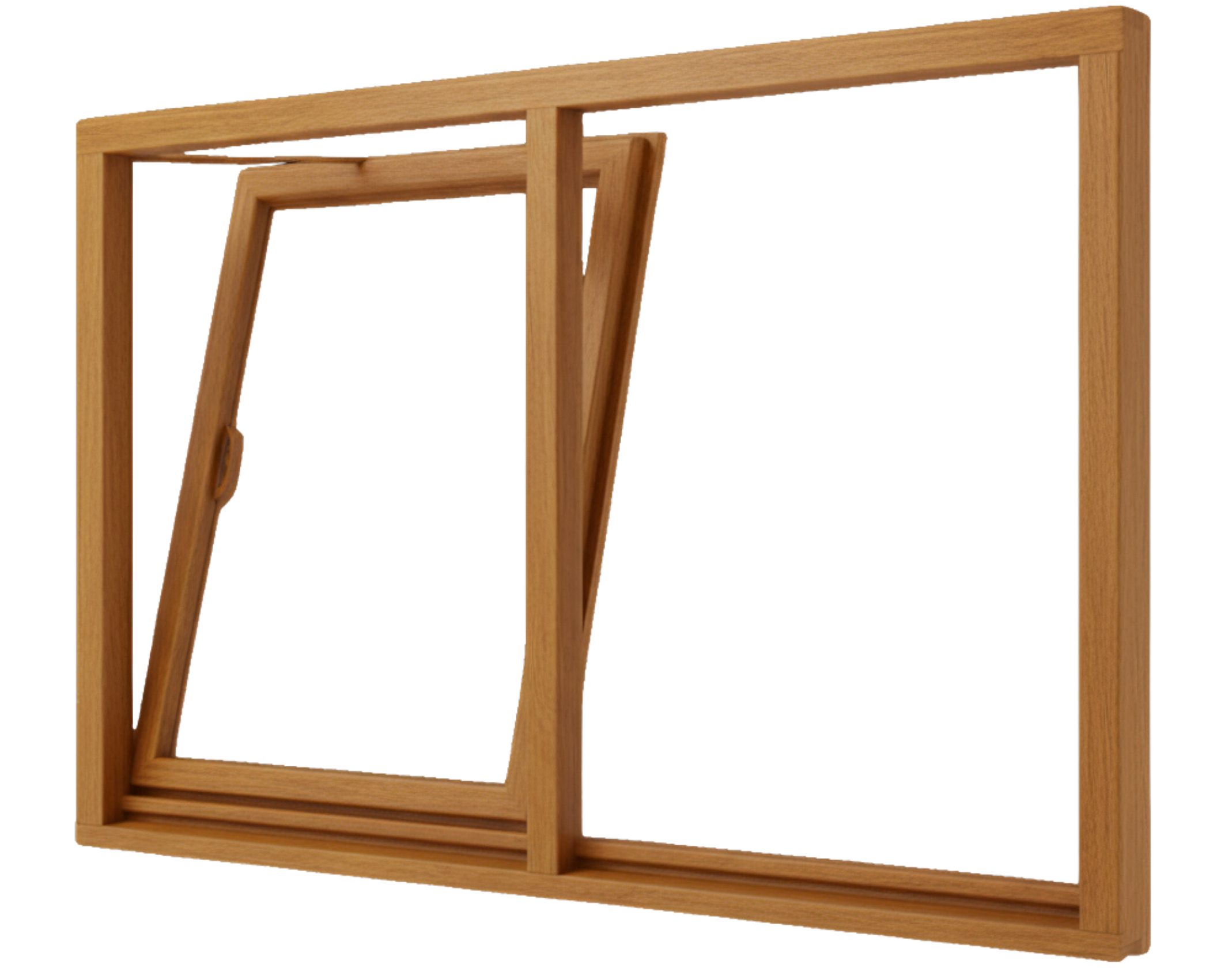 Holzfenster hellbraun aus Holz mit gekipptem Flügel und schlankem Rahmen