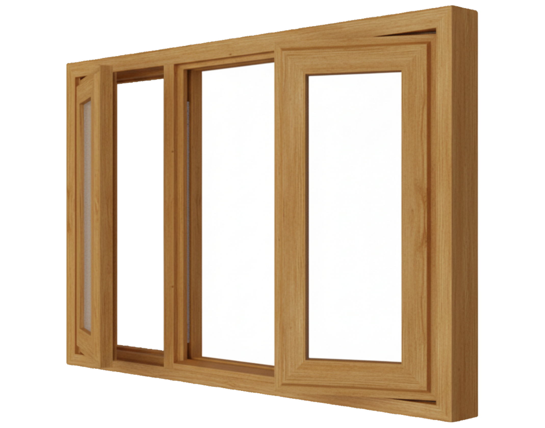 Holzfenster eichefarben aus Holz mit drei Flügeln, große Glasflächen und ein geöffneter Flügel