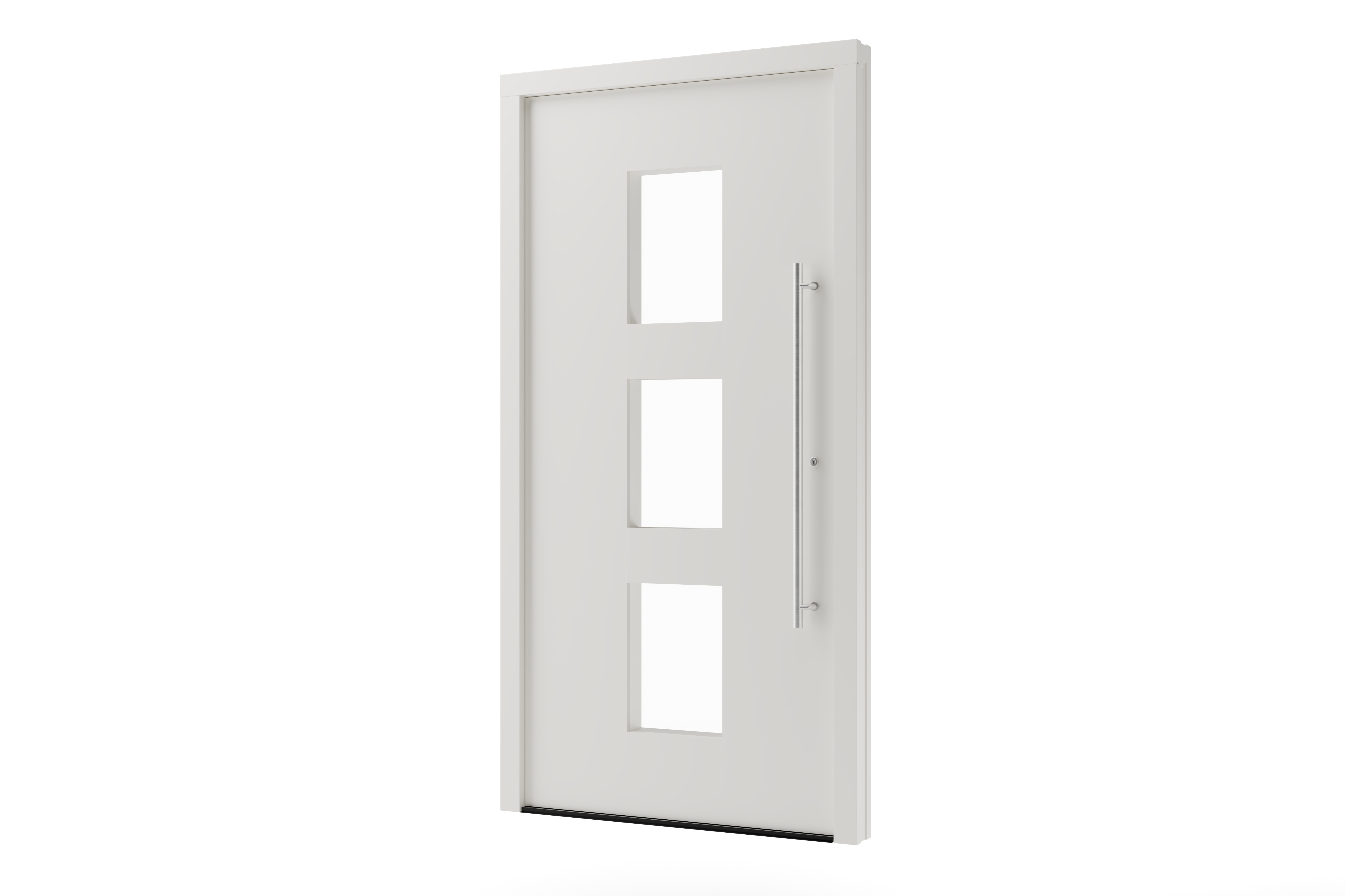 Haustür weiß Kunststoff mit drei quadratischen Glasfüllungen und langem Edelstahlgriff, modern